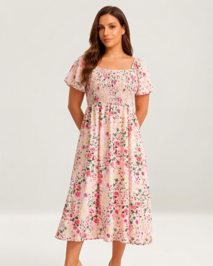 💃Summer Hot Sale 70% OFF🌈Floral Smocked Square Neck Midi Dress with Pockets