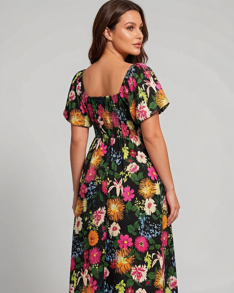 💃Summer Hot Sale 70% OFF🌈Floral Smocked Square Neck Midi Dress with Pockets