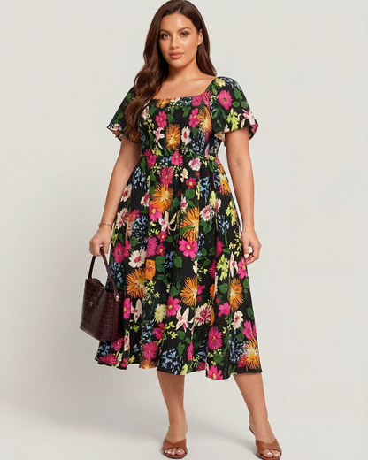 💃Summer Hot Sale 70% OFF🌈Floral Smocked Square Neck Midi Dress with Pockets