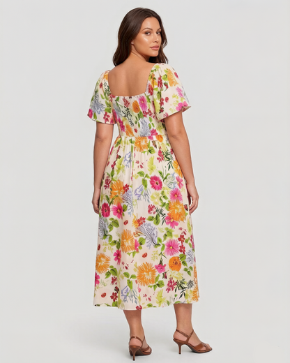 💃Summer Hot Sale 70% OFF🌈Floral Smocked Square Neck Midi Dress with Pockets