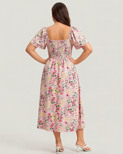 💃Summer Hot Sale 70% OFF🌈Floral Smocked Square Neck Midi Dress with Pockets