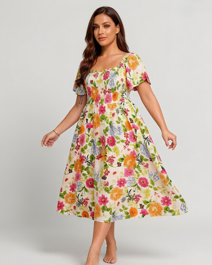 💃Summer Hot Sale 70% OFF🌈Floral Smocked Square Neck Midi Dress with Pockets