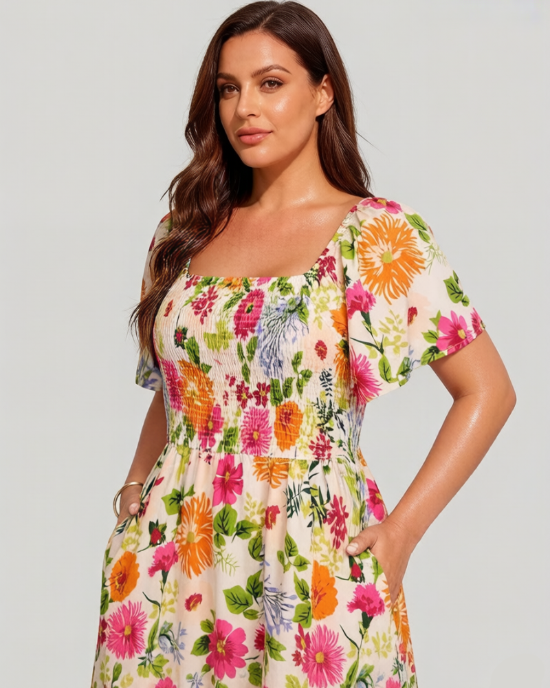 💃Summer Hot Sale 70% OFF🌈Floral Smocked Square Neck Midi Dress with Pockets