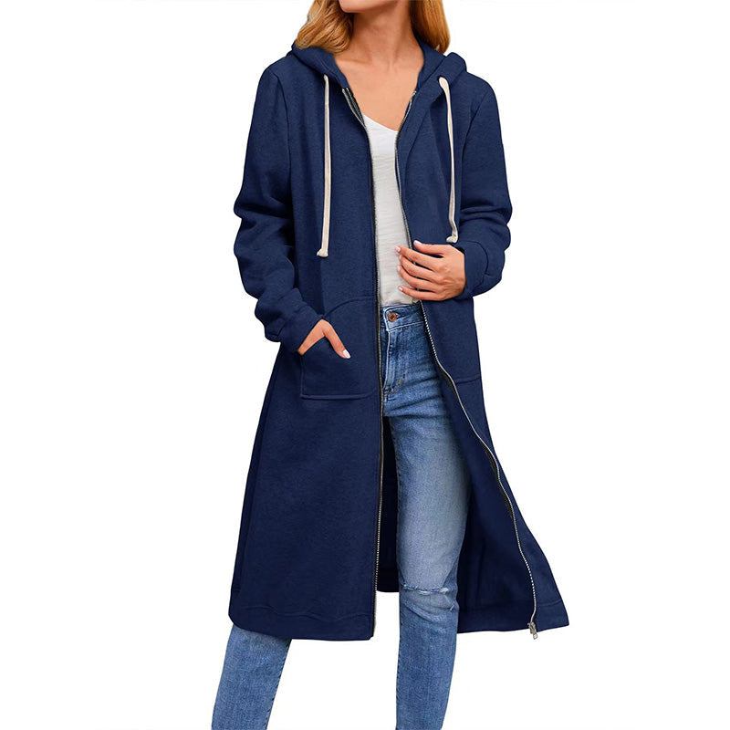Women's Solid Hooded Zipper Long Sweatshirts