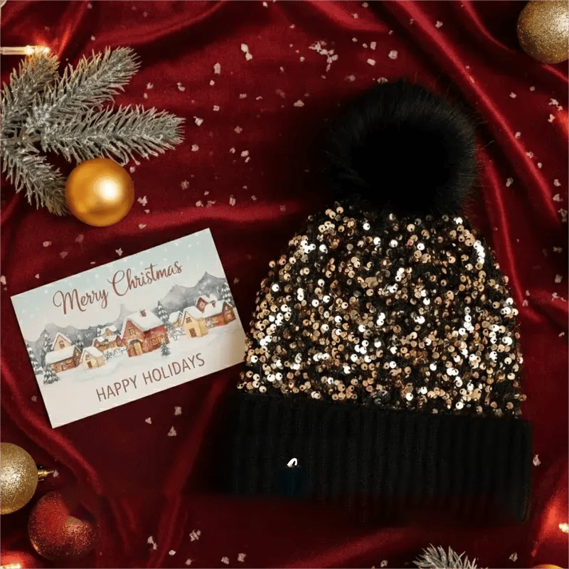 Winter Sparkly Sequin Pom Beanie