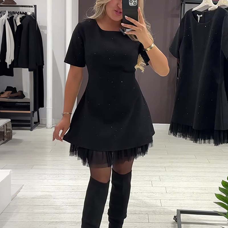 Women’s Sparkling Lace Trim Short-Sleeve Mini Dress
