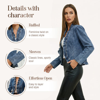 🥳2026 HOT SALE🥳💞50K+ SOLD!👵☀️ 56% OFF! Open-Front Denim Jacket – No buttons, easy on/off. Flattering ruffle trim, breathable fabric. Classic blue wash. A versatile wardrobe staple. 🌿✅