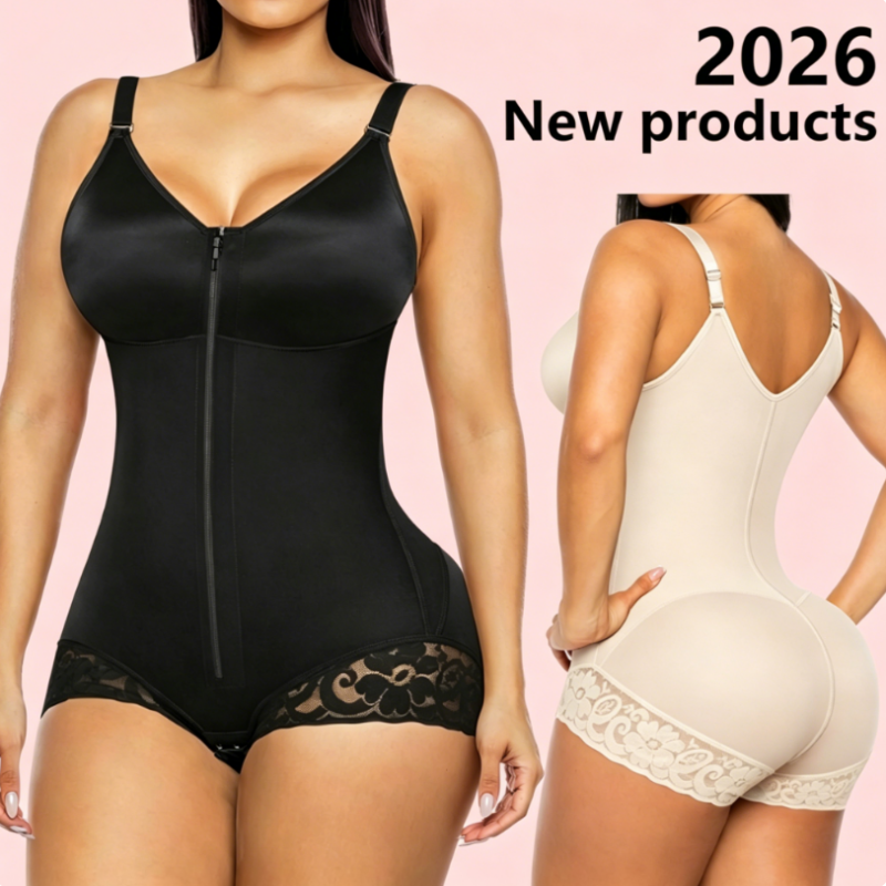 Dual-Zip Tummy Control Shapewear Bodysuit with Anti-Slip Lace