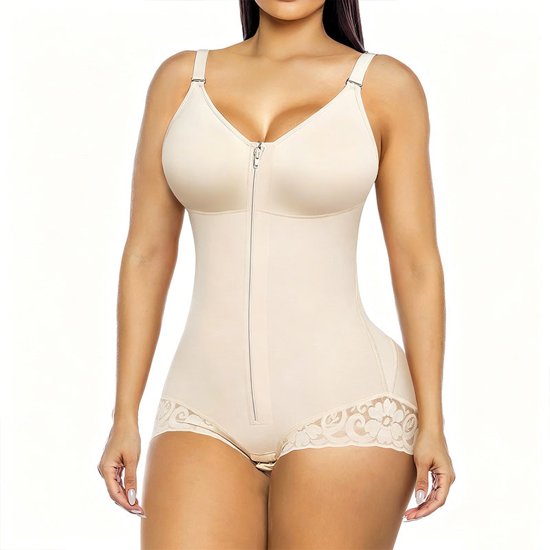 Dual-Zip Tummy Control Shapewear Bodysuit with Anti-Slip Lace