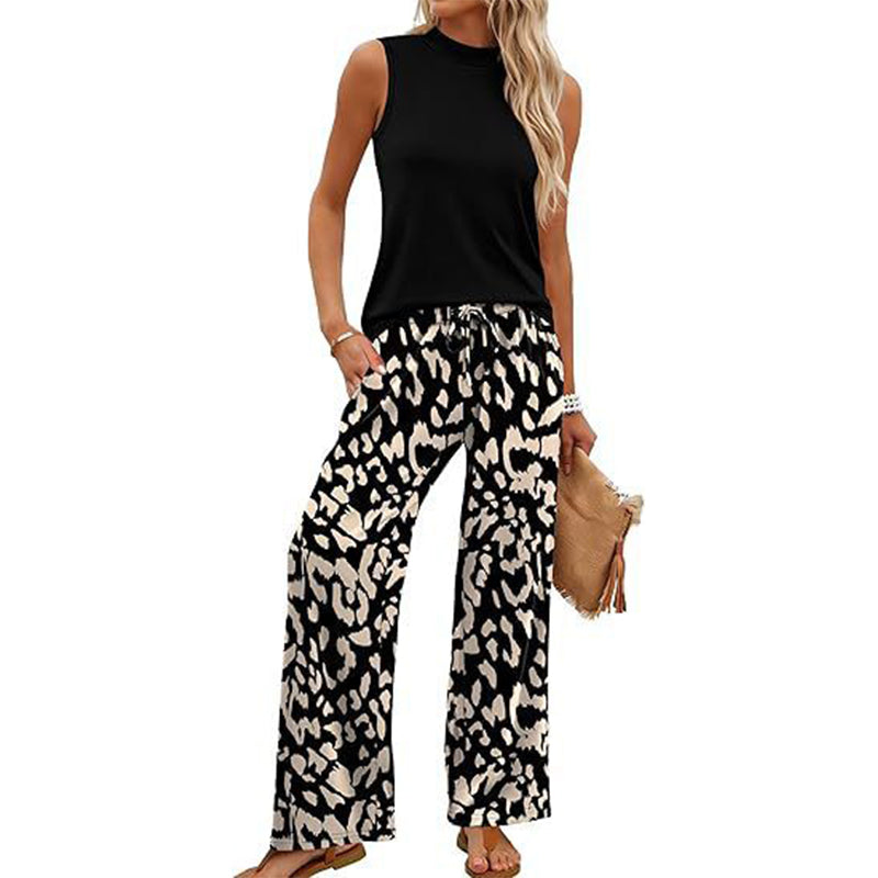 Women's Sleeveless Top & Printed Wide-Leg Pants Set