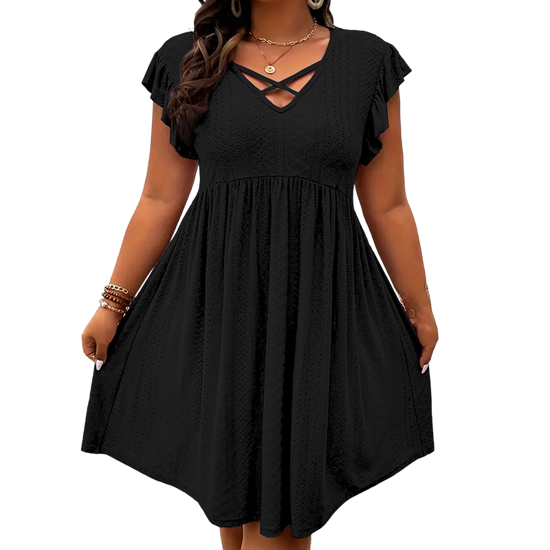 Women's Criss-Cross V-Neck Flutter Sleeve Flowy Dress