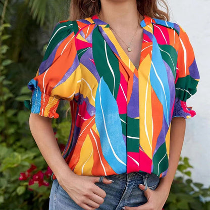 Floral V-neck Puff Sleeve Blouse For Women