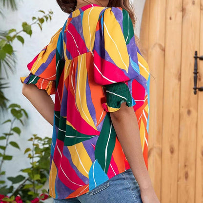 Floral V-neck Puff Sleeve Blouse For Women