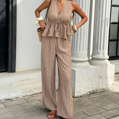 🏖️Limited Time Sale 50% OFF!🌞Women's 2-Piece Striped Tie-Waist Co-ord Set – Sleeveless Blouse & Wide-Leg Trousers 💫🌿  Vintage Boho Style • Casual Commuter Wear • Lightweight & Flowy💃
