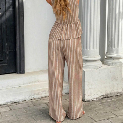 🏖️Limited Time Sale 50% OFF!🌞Women's 2-Piece Striped Tie-Waist Co-ord Set – Sleeveless Blouse & Wide-Leg Trousers 💫🌿  Vintage Boho Style • Casual Commuter Wear • Lightweight & Flowy💃