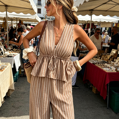 🏖️Limited Time Sale 50% OFF!🌞Women's 2-Piece Striped Tie-Waist Co-ord Set – Sleeveless Blouse & Wide-Leg Trousers 💫🌿  Vintage Boho Style • Casual Commuter Wear • Lightweight & Flowy💃