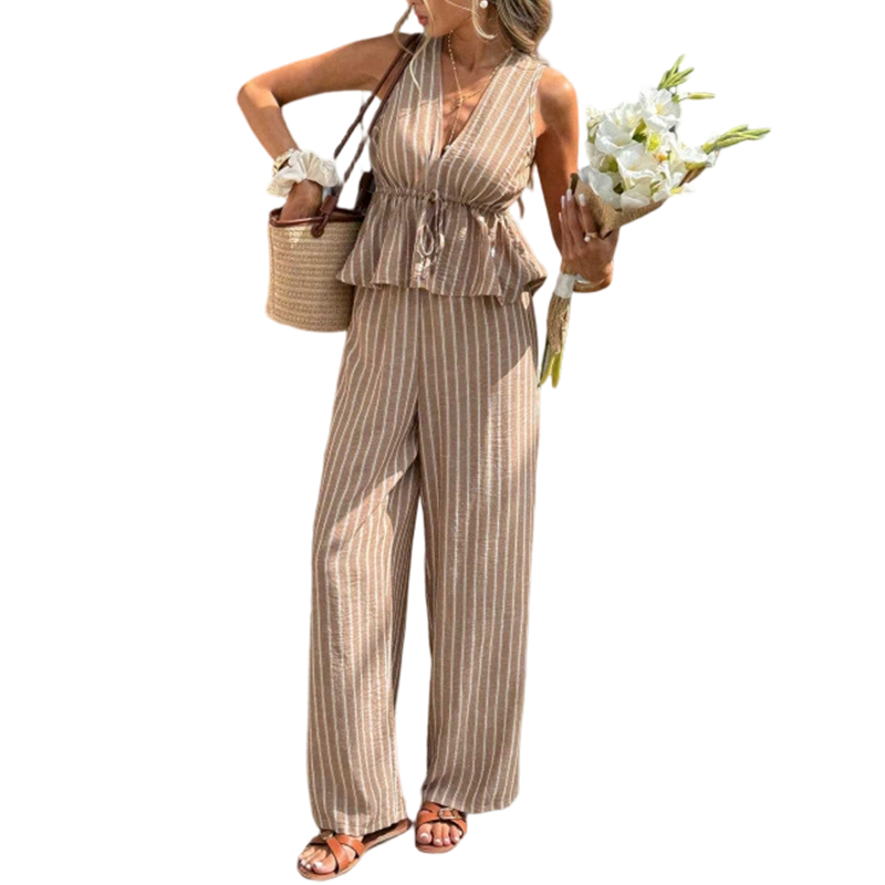 🏖️Limited Time Sale 50% OFF!🌞Women's 2-Piece Striped Tie-Waist Co-ord Set – Sleeveless Blouse & Wide-Leg Trousers 💫🌿  Vintage Boho Style • Casual Commuter Wear • Lightweight & Flowy💃